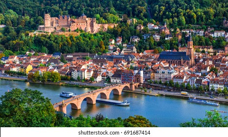 Landmarks and beautiful towns of Germany - medieval  Heidelberg . view with famous Carl Theodor bridge and castle
