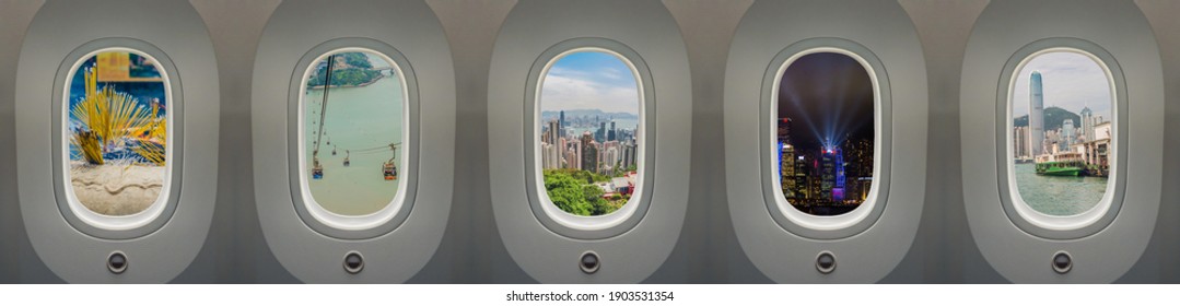 Landmarks Of Hong Kong As Seen Through The Plane's Window. Background To Open Tourism To Hong Kong