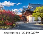 Landmarks Japan. Architecture of kyoto. Ancient buildings in buddhist style. Japanese temples with blue sky. National landmarks of Japan. Kyoto in sunny weather. Excursions in kyoto. Travel in Japan