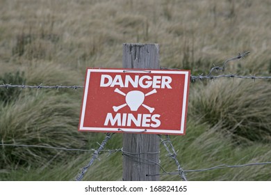 Landmines sign, danger minefield in the Falklands