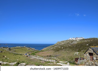 Lands End, Cornwall (UK). Picture Of Farmhouse + Farm Land Set Across The Rolling Hills And Surrounded By Cliffs To The Sea. 