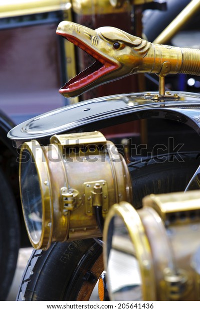 LANDSBERG,\
GERMANY - JULY 12, 2014: Public oldtimer rally in Bavarian city\
Landsberg for at least 80 years old veteran cars with a front view\
of Benz 8/20 Stanton, built at year\
1913