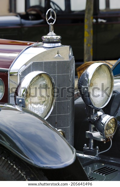 LANDSBERG, GERMANY -
JULY 12, 2014: Public oldtimer rally in Bavarian city Landsberg for
at least 80 years old veteran cars with a front view of Mercedes
K15, built at year
1926
