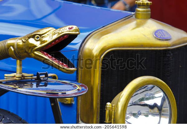 LANDSBERG, GERMANY - JULY\
12, 2014: Public oldtimer rally in Bavarian city Landsberg for at\
least 80 years old veteran cars with a front view of Delage, built\
at year 1915