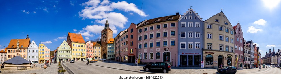 Landsberg am Lech, Germany - April 4: famous old town with historic houses of Landsberg am Lech on April 4, 2020