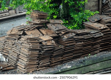 Landscape of an abandoned parts of railway accessories decaying in train station. - Powered by Shutterstock