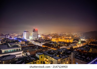 Landscape Aerial View Over The The Capital City Of Slovenia, Ljubljana At Night