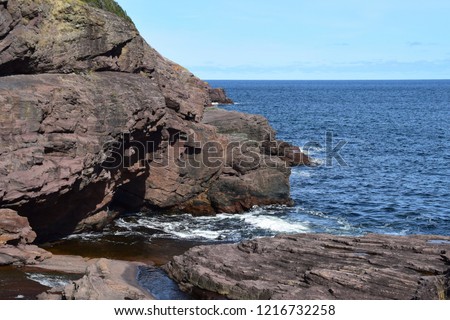 landscape along the Killick Coast, Big River Whirly Hole area in Flatrock seen  from the Stiles Cove Path, East Coast trail Avalon Peninsula; Newfoundland Canada