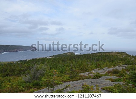 landscape along the Killick Coast, high angle view  along the Beamer Rock seen from the Father's Trail Path, East Coast trail Avalon Peninsula; Newfoundland Canada