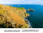 Landscape along wild atlantic way in Ireland. Atlantic ocean, Burren National geo park, Ireland. Nobody, Warm sunny day. Beautiful cloudy blue sky. Spring flora an green nature