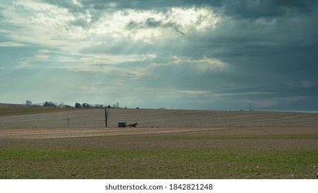 Landscape Of Amish Countryside With A Horse And Buggy In The Distance