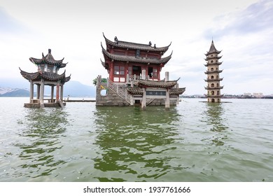 The landscape of ancient Chinese architecture archways, pavilions, terraces and towers in the center of Poyang Lake, a submerged spectacle, is located in Jiujiang City, East China's Jiangxi Province.