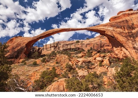 Landscape Arch Blue Sky Rock Canyon Devils Garden Arches National Park Moab Utah USA Southwest. Longest and thinnest arch in the world.
