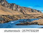 The landscape around Orustuholl (Battle Hill) and the Fossalar River
in Iceland. A unique island in the North Atlantic.