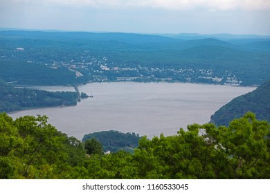 Landscape Atop Bear Mountain (New York State) Affords Spectacular Views Of The Park, The Hudson River Valley, Cloudy Blue Sky. 