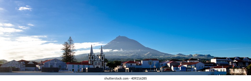 Landscape of the Azores Islands in Portugal. View of  the Island Pico. Church of Madalena