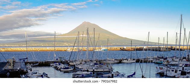 Landscape of the Azores Islands in Portugal. View of the Island Pico. 