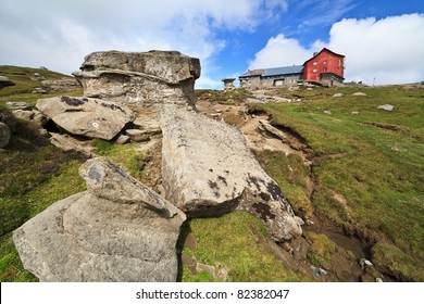 Landscape with Babele, rocks formed through erosion in Bucegi mountains, Romania