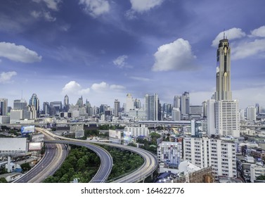 landscape of Bangkok city day view with main traffic and Baiyok building