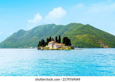 Landscape of the Bay of Kotor coastline - Boka Bay with view to the Saint George Benedictine monastery on the island,  Montenegro