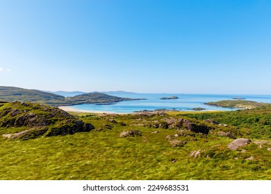Landscape of beach, hills and atlantic ocean of beautiful Ring of Kerry, Ireland. Travel destination for many tourists