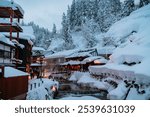 Landscape beautiful nature of Ginzan Onsen hot spring ryokan area in Yamagata prefecture, Japan covered in snow at night. People tourist travel Japan local village landmark on winter holiday vacation.