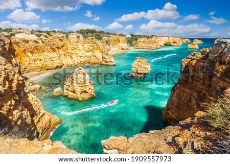 Landscape with beautiful Praia da Marinha, one of the most famous beaches of Portugal, located on the Atlantic coast in Lagoa, Algarve