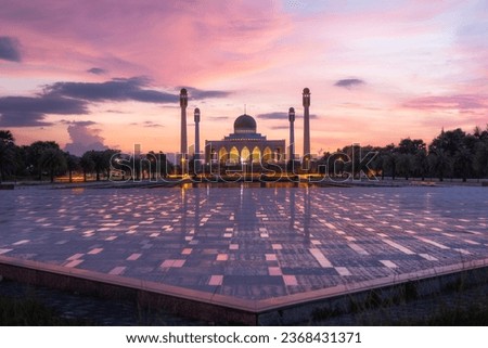 Landscape of beautiful sunset sky at  Songkhla Central Mosque or Masjid Songkhla at Hat Yai District, Songkhla,The Taj Mahal of Thailand.