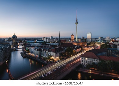 Landscape Of Berlin City Skyline, Aerial View Of The Berlin Television Tower At Night