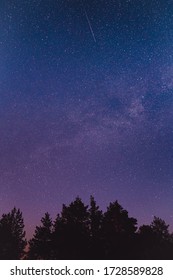 Landscape With Blue Milky Way. Night Sky With Stars. Beautiful Milky Way Taken In Ukraine During A Clear Night