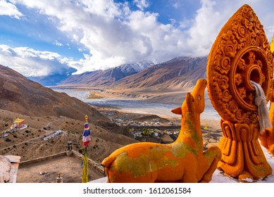 Landscape of braided Spiti river valley and snow capped mountains during sunrise from Key or Kee monastery near Kaza town in Lahaul and Spiti district of Himachal Pradesh, India. 