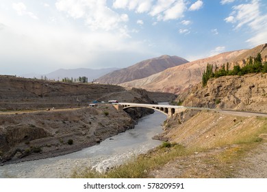 Landscape with bridge in Sugd Province, Tajikistan.  