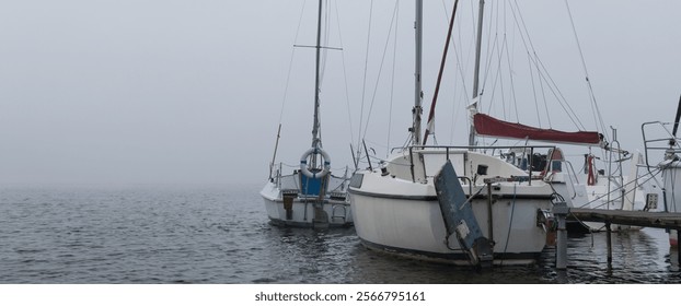 LANDSCAPE BY THE LAKE - A sailboats at the pier on a foggy day
 - Powered by Shutterstock