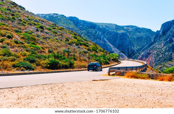 Landscape of Car in road in\
summer Italy. Vacation trip on highway with nature. Scenery with\
drive on Holiday journey at mountain. Motion ride in Europe.\
Transport