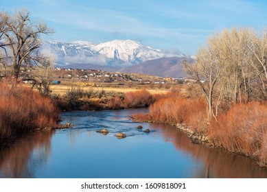 Landscape of the Carson River, reeds, bare trees and the Sierra Nevada Mountains in Carson City, Nevada
