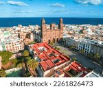 Landscape with Cathedral Santa Ana Vegueta in Las Palmas, Gran Canaria, Canary Islands, Spain. Aerial sunset view of the Las Palmas city.