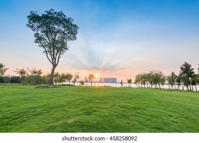 Landscape In City Park With Lake On Sunset