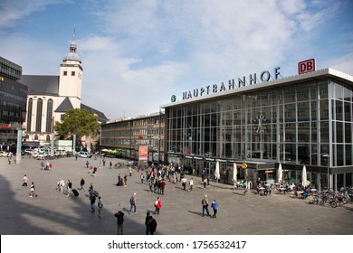 Landscape cityscape and German and foreign travelers walking at front of koln or kolne Central Hauptbahnhof railway station with Basilica of St Ursula Cologne on September 11, 2017 in Cologne, Germany