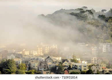 Landscape Of Cloud Covered City, Giving This Mysterious Foggy Look To San Francisco. Buildings In The Foreground And Trees In The Background, Photo Captured From Twin Peaks In Morning Lights.