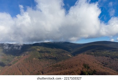 Landscape With Clouds Above Mountains With Withered Forest