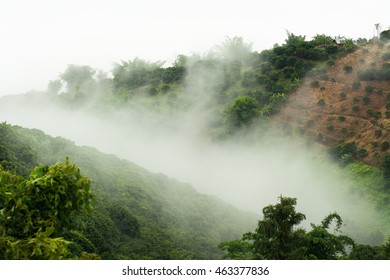 The landscape of cloudy mountains background.