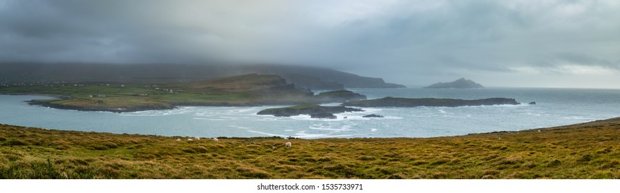 The Landscape Of The Coast Line Of Southern Ireland As Seen From Valentia Island On The Ring Of Kerry During A Storm In Autumn