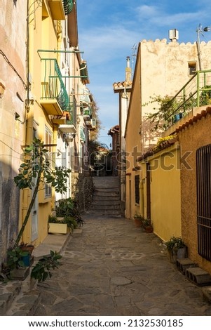 Landscape of Collioure from the narrow streets of the historic center (Occitanie, France)
