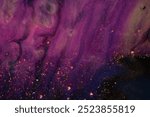 The landscape depicts a dark sky with a purple and magenta galaxy of stars, resembling a painting. The water reflects the violet hues, surrounded by a grassy pattern