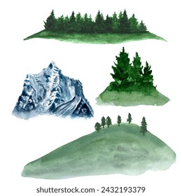 Landscape design elements featuring mountains, trees, green hills watercolor set on white background. Perfect for cards, stationary decor, stickers, tourism and travel guides, sketchbooks, posters.