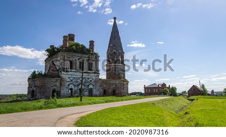 landscape of a destroyed Orthodox church, the village of Mitino, Kostroma province, Russia. The year of construction is 1800. Currently, the temple is abandoned.
