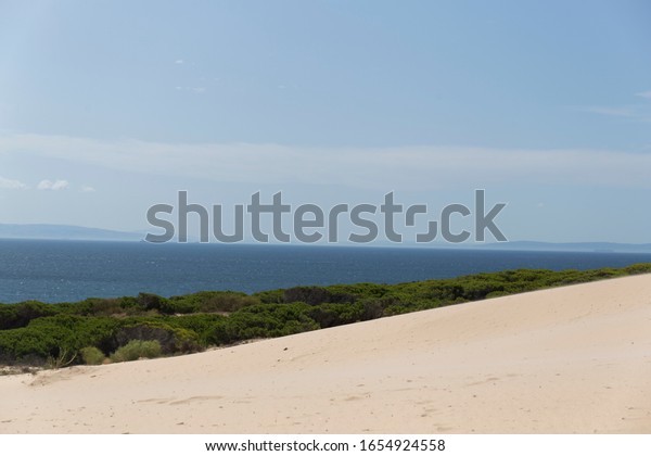 landscape divided into triangles in which we can see
the golden sand, the green of the trees, the blue of the sea and
the sky blue