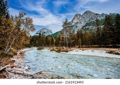 Landscape of  Dolomites fanes valley. Hiking nature in dolomite, italy near Cortina d'Ampezzo. The Fanes waterfalls, Cascate di Fanes, Dolomites, Italy - Powered by Shutterstock