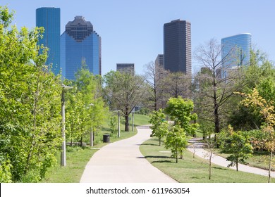 Landscape Of Downtown Houston City, In Buffalo Bayou Park, Texas With Modern Building.