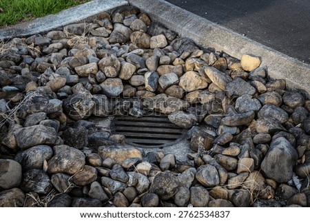 a landscape drainage feature, often called a catch basin or storm drain shown by a curb with rocks. civil engineering concepts. environmental and infrastructure themes.